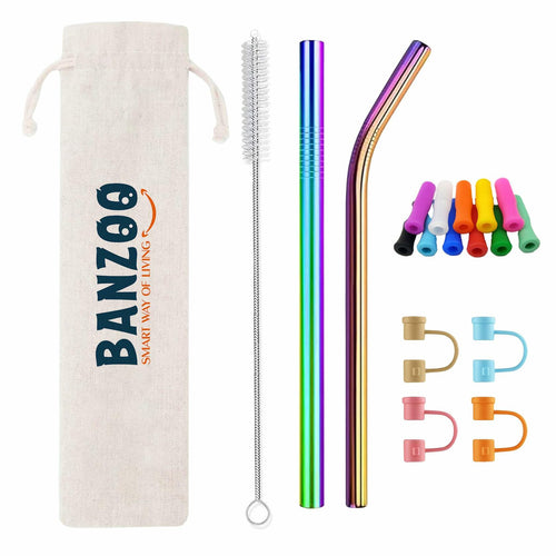 Reusable Stainless Steel Drinking Straws Rainbow 10.5" & 8.5" with Tips Case by Deal US