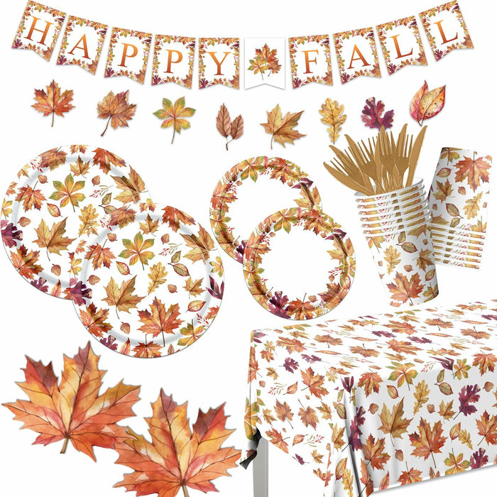 Guzbewu Fall Leaves Paper Plates Napkins Set 142pcs Orange White Autumn by Deal US