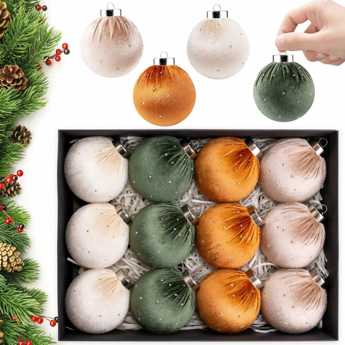 Meschett Velvet Ball Christmas Ornaments Set 12pcs 78mm Green Brown Neutral by Deal US