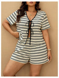 RoseSeek Women's Plus Size Striped Tie Front Top & Shorts Set Black/White XXL by Deal US