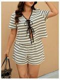 RoseSeek Women's Plus Size Striped Tie Front Top & Shorts Set Black/White XXL by Deal US