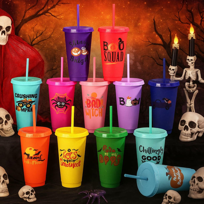 SiliFine 24oz Reusable Plastic Halloween Cups with Lid & Straw 24 Pcs by Deal US
