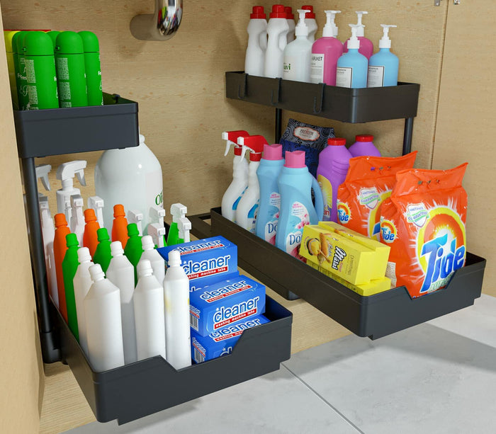 NATURE'S SOURCE 2 Pack 2 Tier Under Sink Organizer with 4 Hooks Black LIKE NEW by Deal US