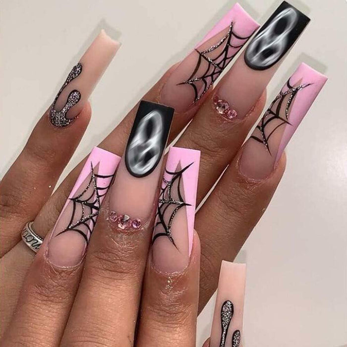 HPYFOI Halloween Press On Nails Long Coffin Matte Spider Web Ghost 24Pc by Deal US