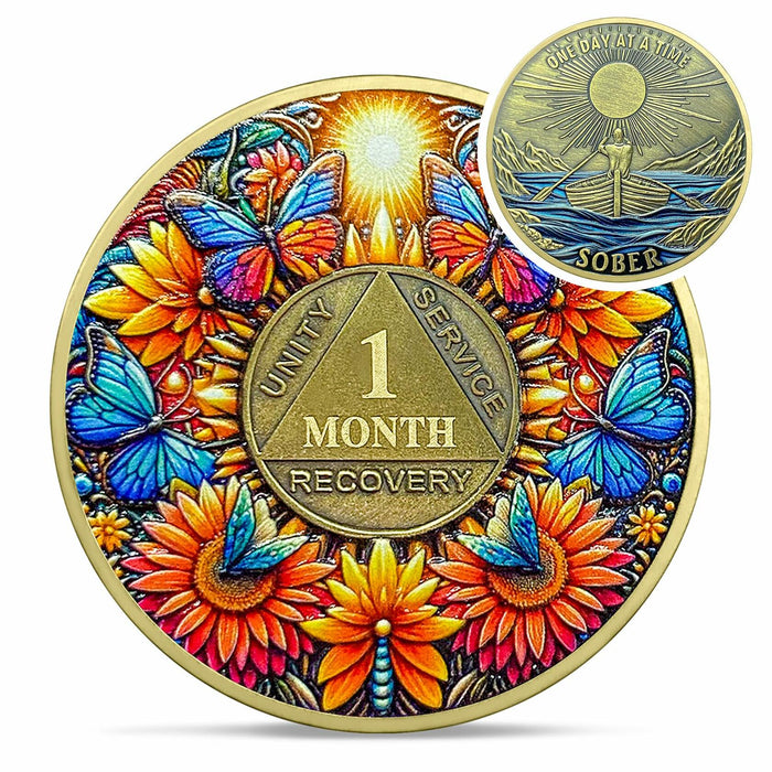 Sunflower 1 Year Sobriety Coin AA NA Recovery Medallion Butterfly Gift by Deal US