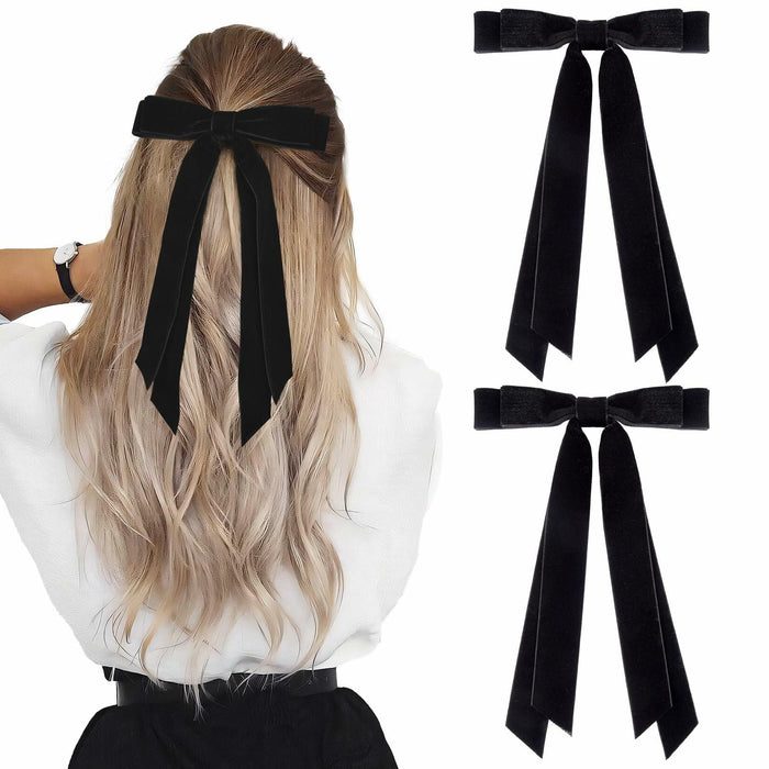 Aileam 2PCS Black Velvet Hair Bows Ribbon Clips Metal Ponytail Holder by Deal US
