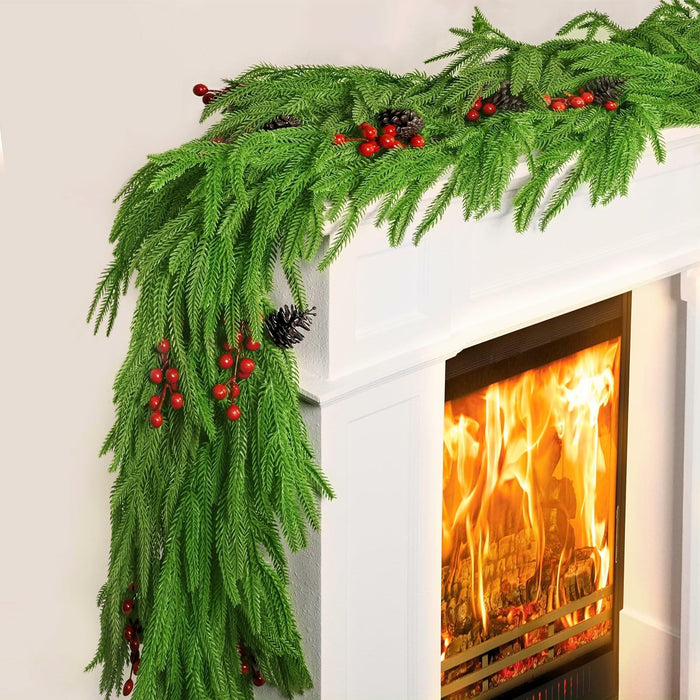 COAZEX 6FT Norfolk Pine Garland Real Touch Greenery with LED Lights Gold Ribbon by Deal US