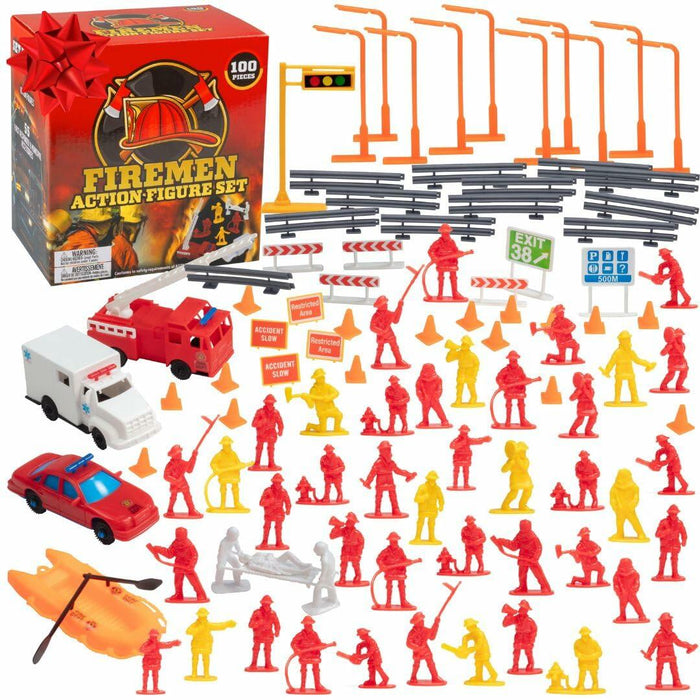 SCS Direct Firefighter Action Figure Playset 100pc Red Rescue Vehicles by Deal US