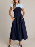 Wenrine Womens Casual Summer Midi Dress Smocked Cap Sleeve Navy Size S by Deal US