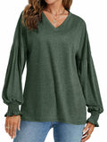 LYANER Women's V Neck Ruffle Lantern Sleeve Blouse Top Dark Green Size S by Deal US