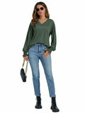 LYANER Women's V Neck Ruffle Lantern Sleeve Blouse Top Dark Green Size S by Deal US