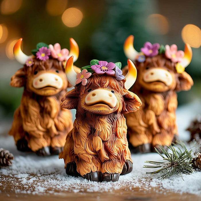 NEROSUN Highland Cow Figurines Set of 3 Brown Resin Scottish Decor by Deal US