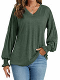LYANER Women's V Neck Ruffle Lantern Sleeve Blouse Top Dark Green Size S by Deal US