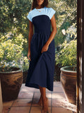 Wenrine Womens Casual Summer Midi Dress Smocked Cap Sleeve Navy Size S by Deal US
