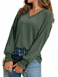 LYANER Women's V Neck Ruffle Lantern Sleeve Blouse Top Dark Green Size S by Deal US