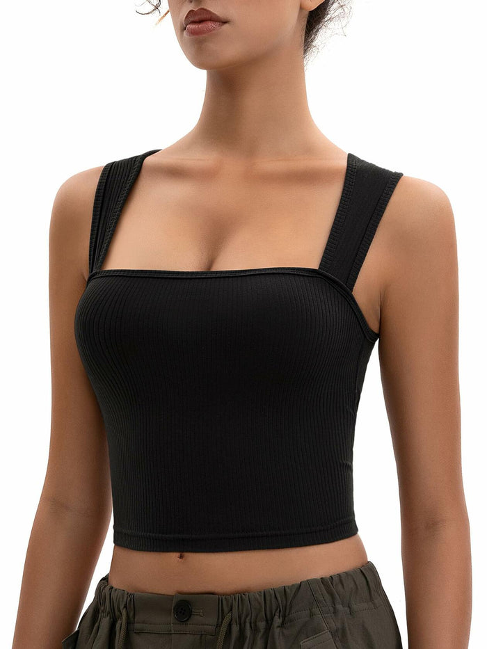 MOSSROZZ Crop Tank Top Black Ribbed Athletic Slim Fit Wide Strap Size XS by Deal US