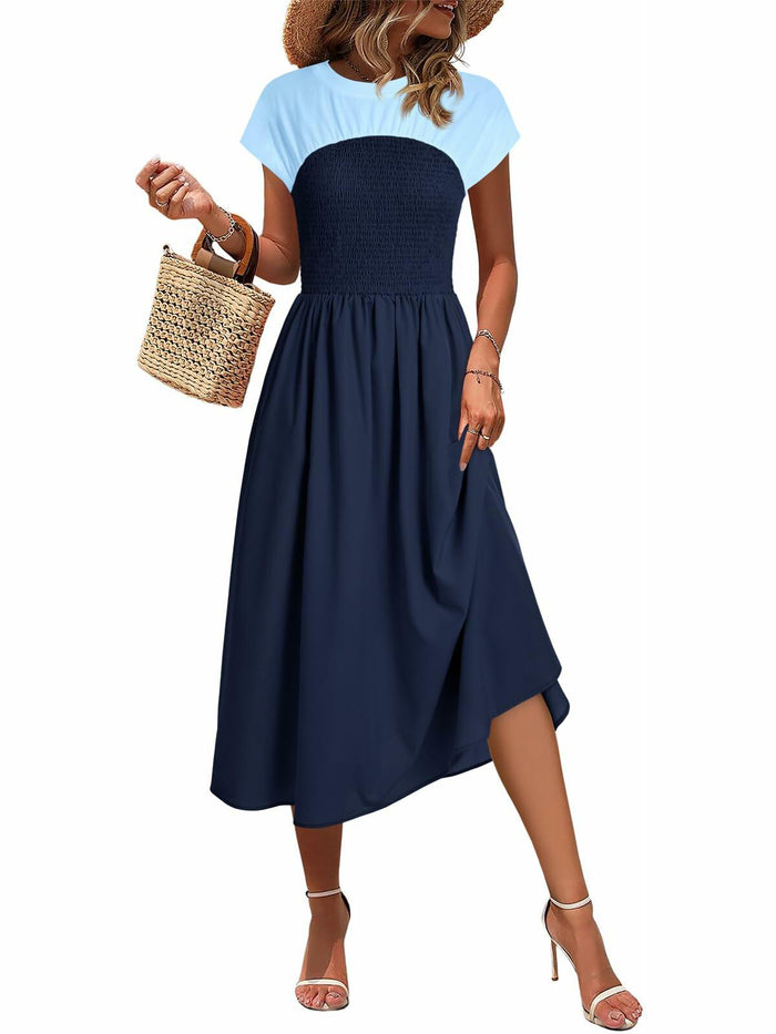 Wenrine Womens Casual Summer Midi Dress Smocked Cap Sleeve Navy Size S by Deal US