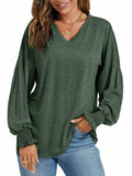 LYANER Women's V Neck Ruffle Lantern Sleeve Blouse Top Dark Green Size S by Deal US