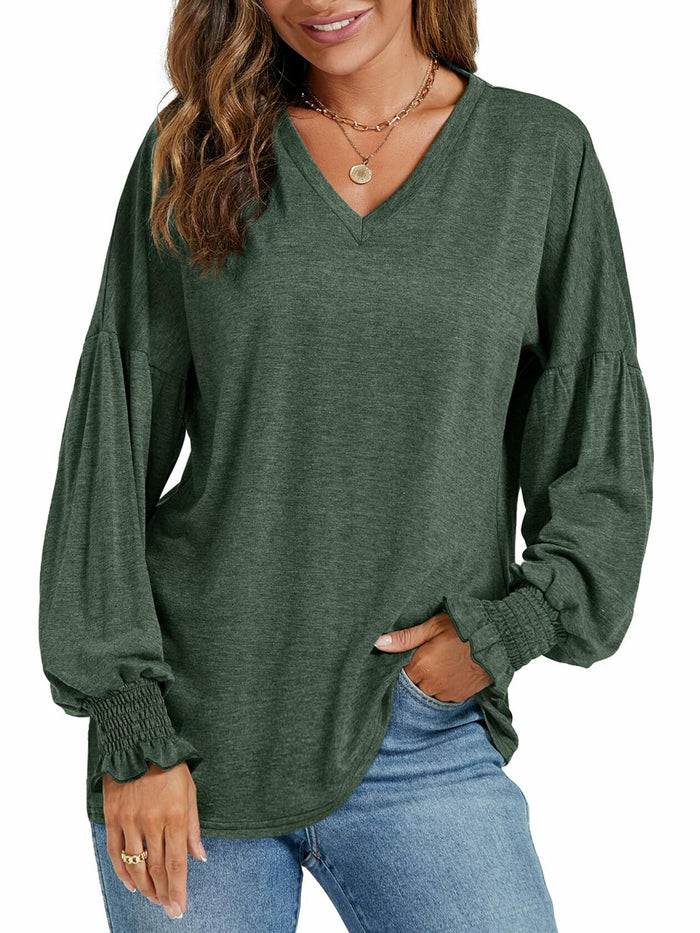 LYANER Women's V Neck Ruffle Lantern Sleeve Blouse Top Dark Green Size S by Deal US