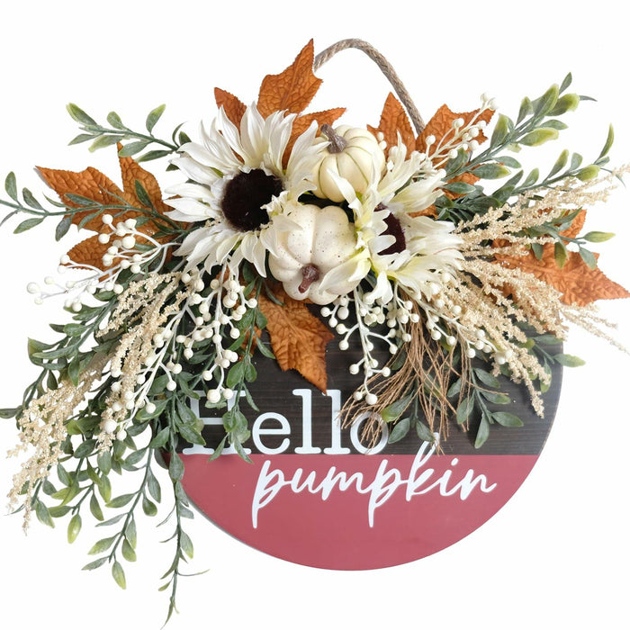 idyllic Hello Pumpkin Wreath Sign Front Door Decor Wood 16" Cream by Deal US