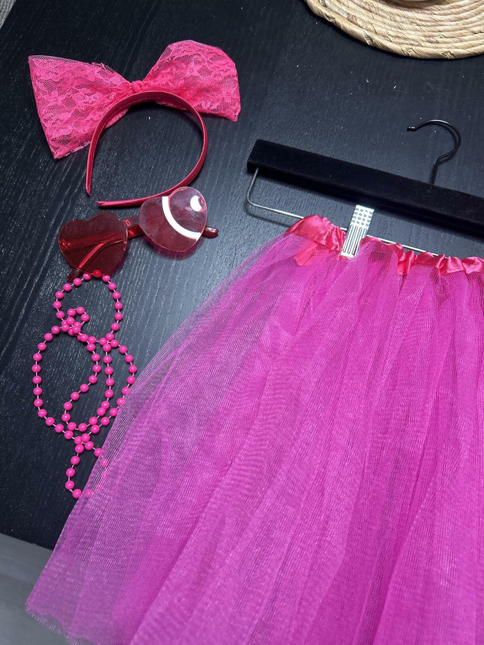 Rthjsfj Tulle Tutu Skirt Pink with Bow Headband Beads Necklace Sunglasses by Deal US