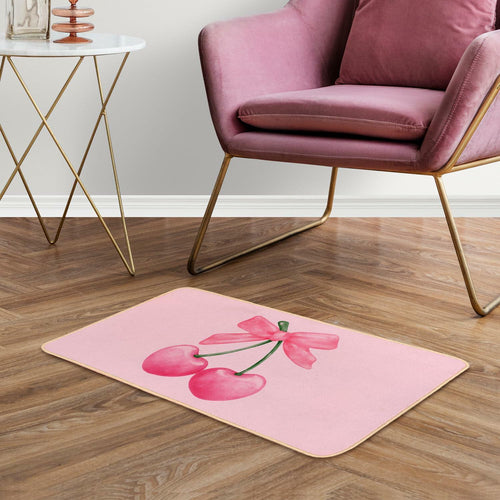 ETYZE Pink Welcome Mat Indoor Front Door Cherry Bow 30x16 Inch Polyester by Deal US