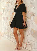 Outfeel Women Mini Dress Puff Sleeve V Neck High Waist Black Size M by Deal US