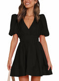 Outfeel Women Mini Dress Puff Sleeve V Neck High Waist Black Size M by Deal US