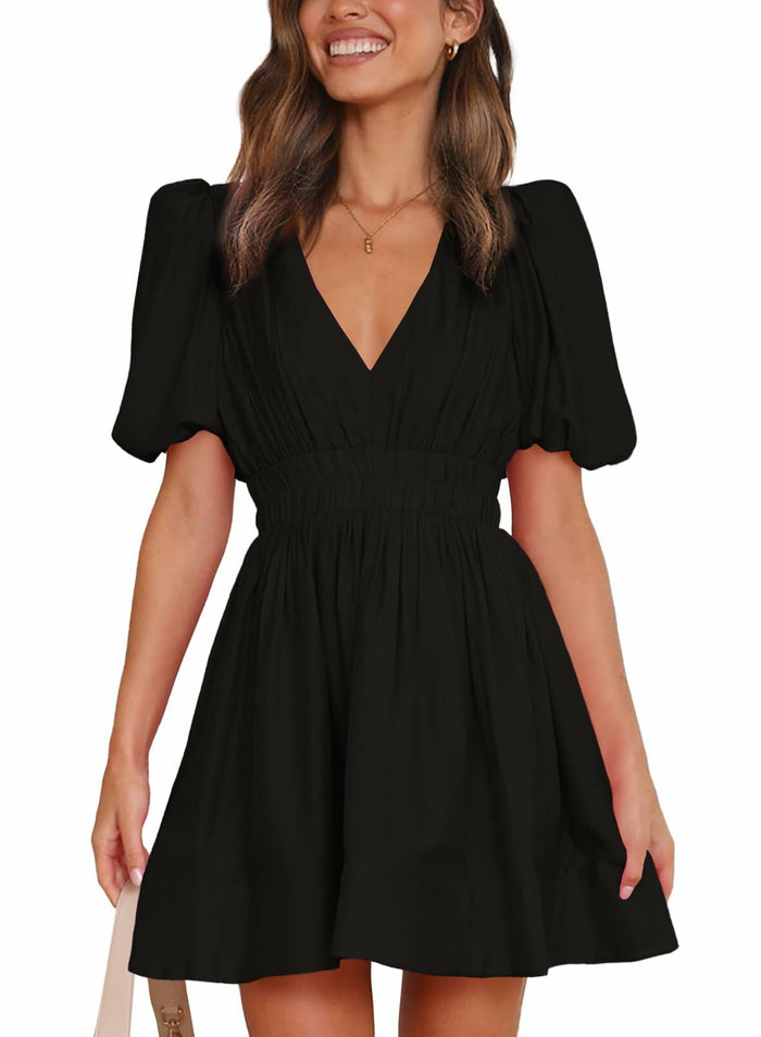 Outfeel Women Mini Dress Puff Sleeve V Neck High Waist Black Size M by Deal US