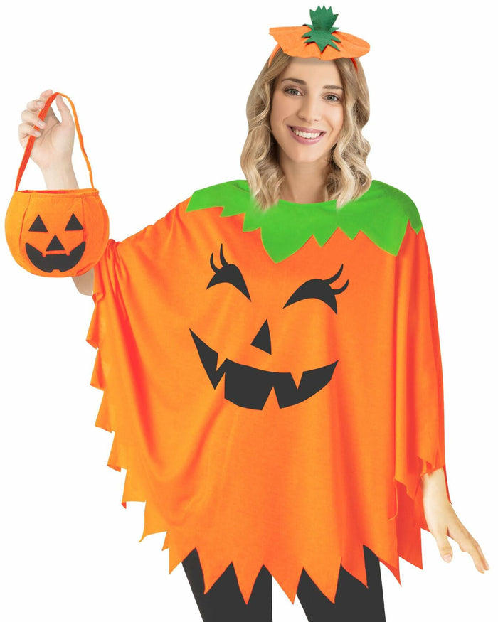 HEYFIZZ 3 PCS Pumpkin Costume Poncho Set Halloween Orange Size Adult by Deal US