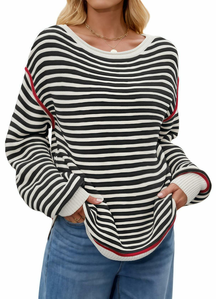 Koimcuiy Womens Striped Oversized Sweater Boat Neck Lightweight White&White XL by Deal US