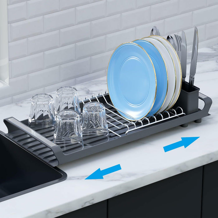 TOOCA BEAR Expandable Small Dish Drying Rack with Cutlery Holder Gray by Deal US
