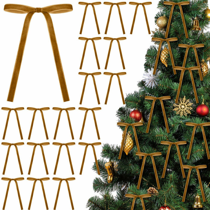 Glitinsel Khaki Velvet Bows Christmas Tree Ornaments 24 Pcs 5x7in by Deal US