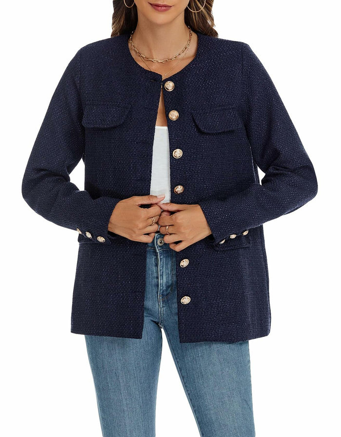 YEXPINE Women's Tweed Blazer Jacket Button Down Business Work Blue Size S by Deal US
