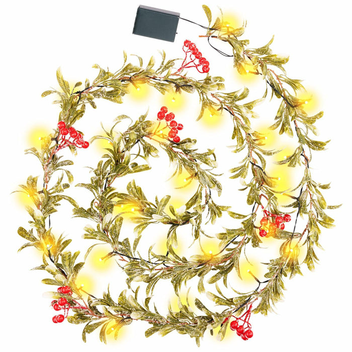 HUZIYAHAN 9FT Christmas Mistletoe Garland with 30 LED Lights Red Berry by Deal US