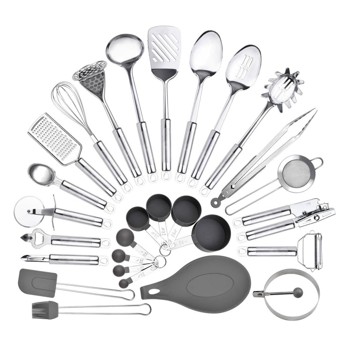 StnKitchExplor Stainless Steel Utensil Set 28 Pcs Cooking Tools Silver Holder by Deal US