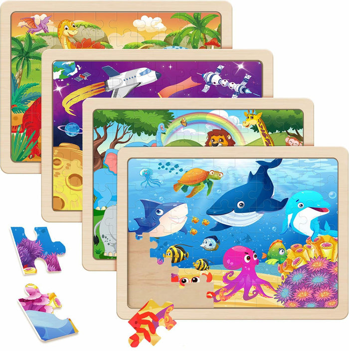 RANSUNN Wooden Animal Dinosaur Jigsaw Puzzles 60 PCs 4 Packs Multicolor by Deal US