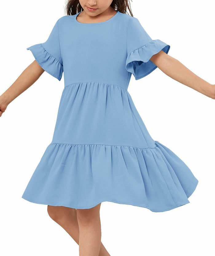 Geckatte Girls Summer Floral Ruffle Short Sleeve A-Line Dress Blue Size 5-6 by Deal US