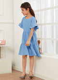 Geckatte Girls Summer Floral Ruffle Short Sleeve A-Line Dress Blue Size 5-6 by Deal US