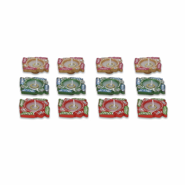 4OUR FAITH 12 Pc Multicolor Terracotta Swastik Wax Diyas Oil Lamps by Deal US