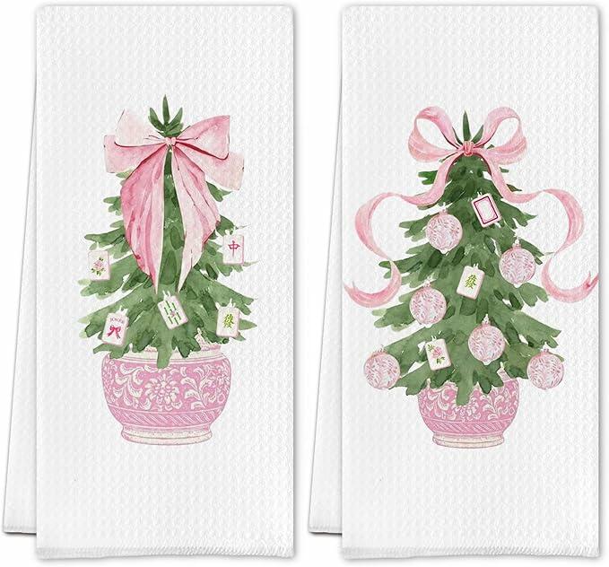 SereneHanctuary Chinoiserie Pink Bow Martini Kitchen Towels 16x24 Set of 4 by Deal US