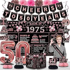Juesly 50th Birthday Decorations 24PCS Rose Gold Banner Balloons Honeycomb by Deal US