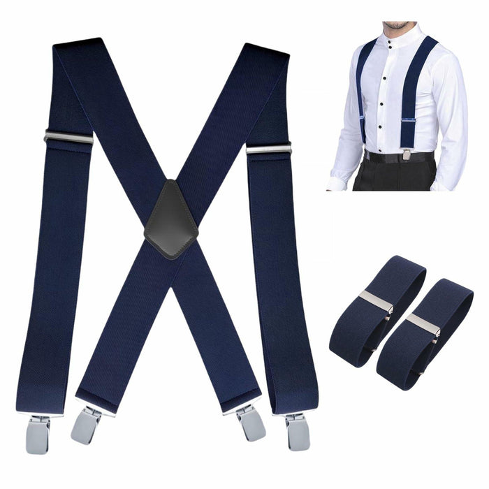 ELEFEA Men's Heavy Duty Suspenders 2" Wide X-Shape Adjustable Navy Blue Size L by Deal US