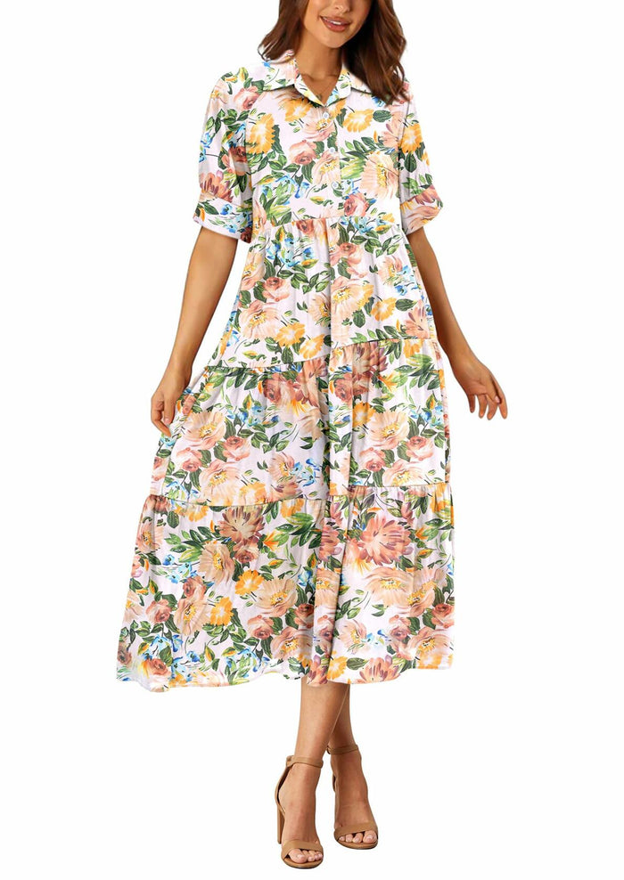 PRETTYGARDEN Women Casual Summer Floral Print Beach Maxi Dress White Apricot L by Deal US