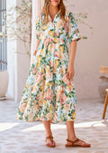 PRETTYGARDEN Women Casual Summer Floral Print Beach Maxi Dress White Apricot L by Deal US