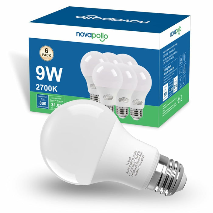 novapollo A19 9W LED Bulb 800 Lumens 2700K Soft White 6 Pack by Deal US