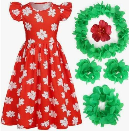 Slivomi Girls Hawaiian Dress & Accessory Set Red Tropical Luau Size 9-10Y by Deal US