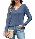 Edelqual Women's Long Sleeve Henley V Neck Sweater Blue Size L by Deal US