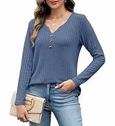 Edelqual Women's Long Sleeve Henley V Neck Sweater Blue Size L by Deal US