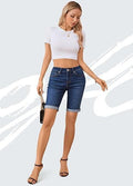 OFLUCK Women's Mid Rise Roll Cuff Stretch Denim Bermuda Shorts Dark Blue Size 10 by Deal US